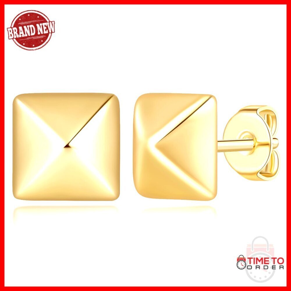 14K Gold Plated Stud Earrings, 8mm Square Design, Hypoallergenic